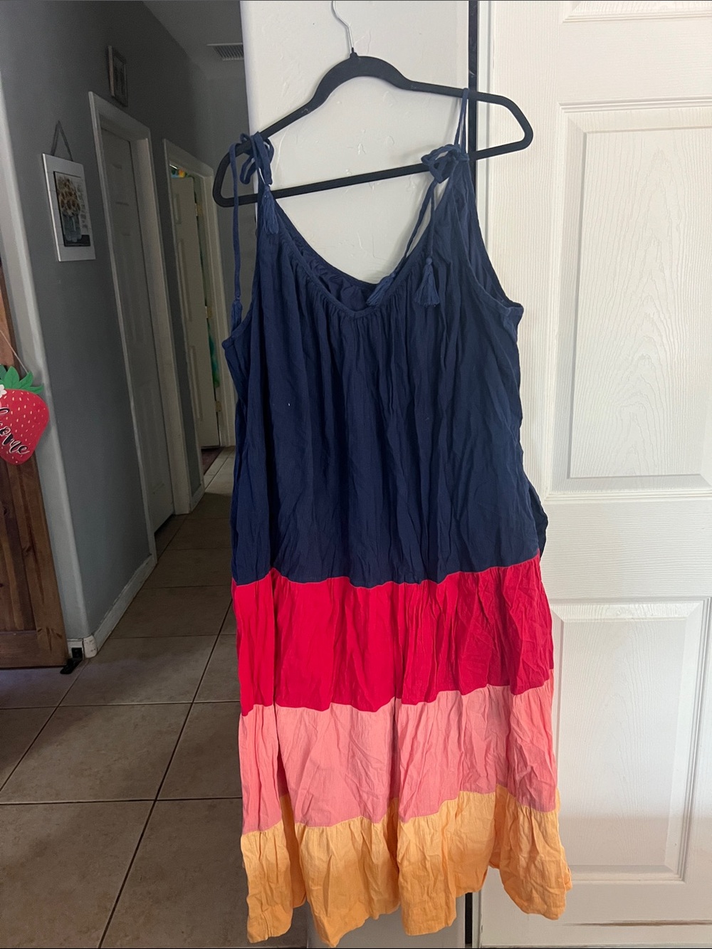 Old Navy Navy Red Pink Yellow Tiered Tie-Shoulder Maxi Dress